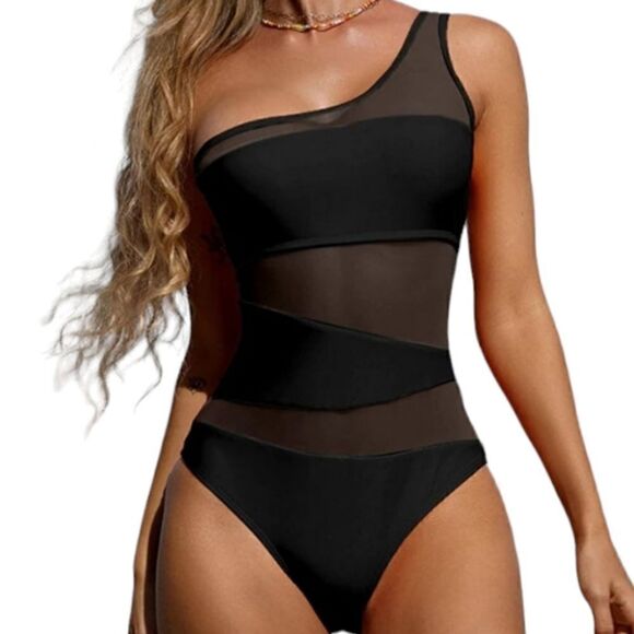 Elegant Black One Shoulder Swimsuit with Contrast Mesh High Elasticity - Picture 14 of 16